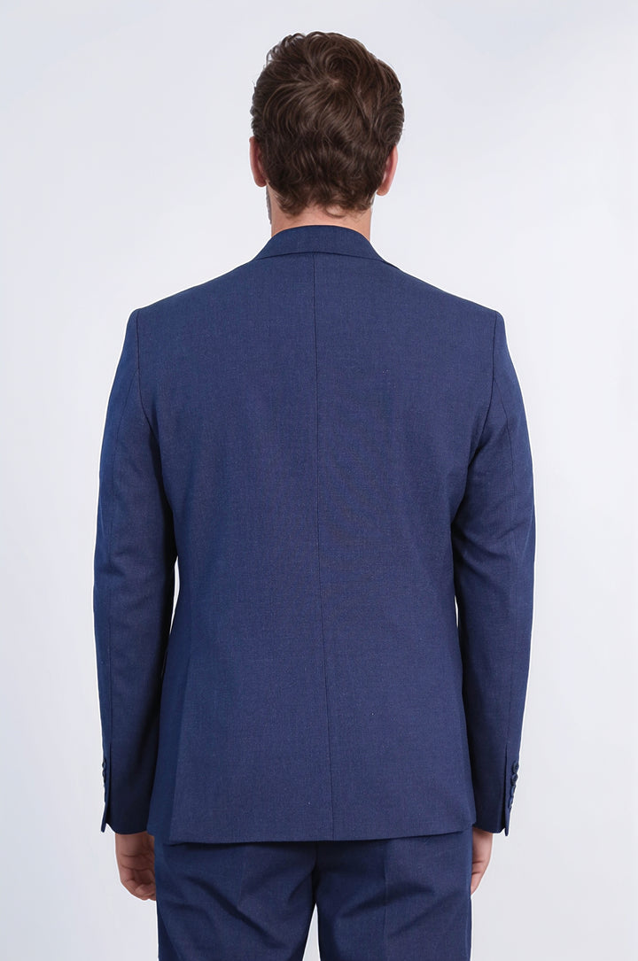 Lacivert Slim Fit İki Düğmeli Keten Görünümlü Erkek Takım Elbise - Wessi
