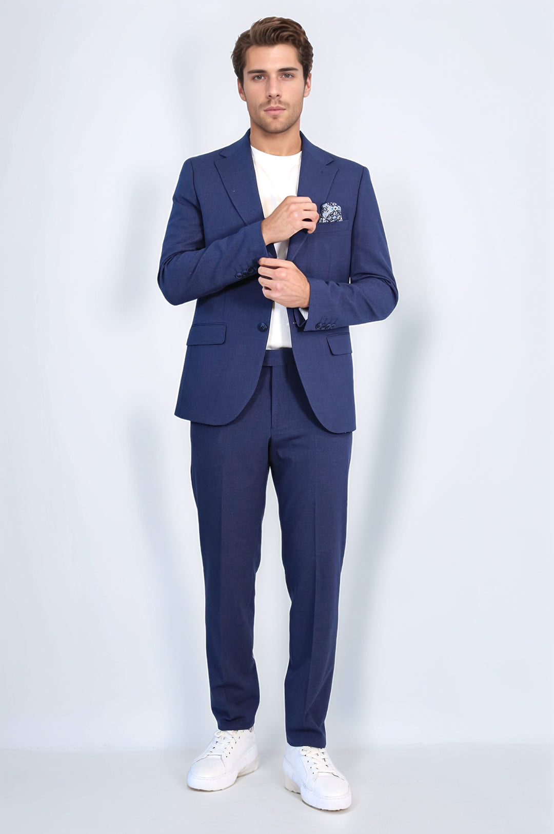 Lacivert Slim Fit İki Düğmeli Keten Görünümlü Erkek Takım Elbise - Wessi