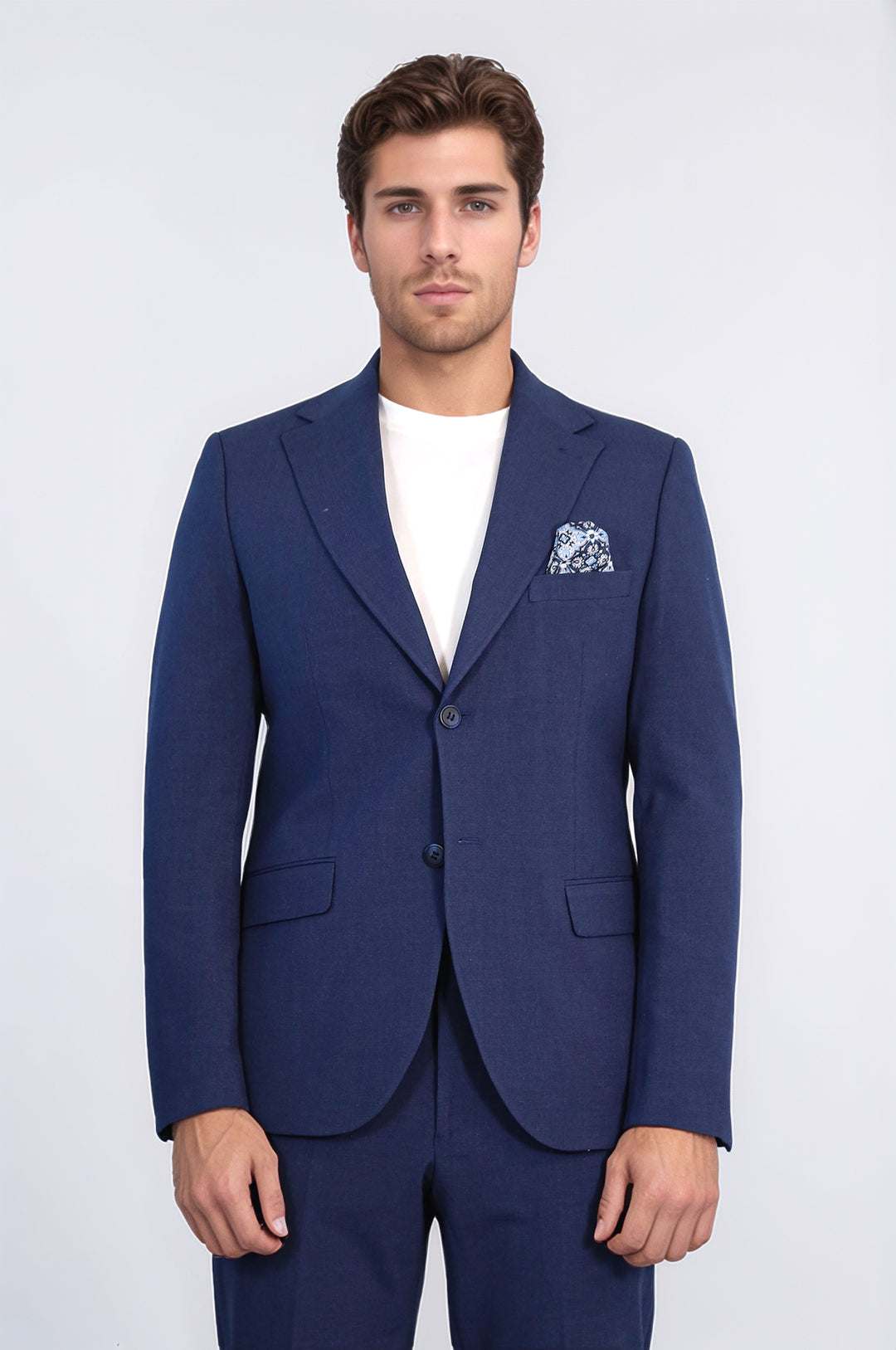 Lacivert Slim Fit İki Düğmeli Keten Görünümlü Erkek Takım Elbise - Wessi