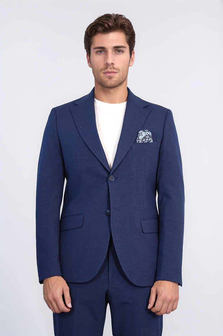 Lacivert Slim Fit İki Düğmeli Keten Görünümlü Erkek Takım Elbise - Wessi