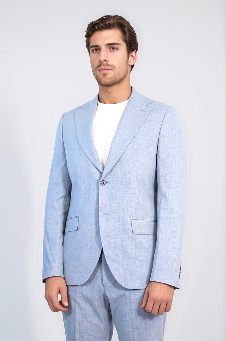 Buz Mavisi Slim Fit İki Düğmeli Keten Görünümlü Erkek Takım Elbise - Wessi