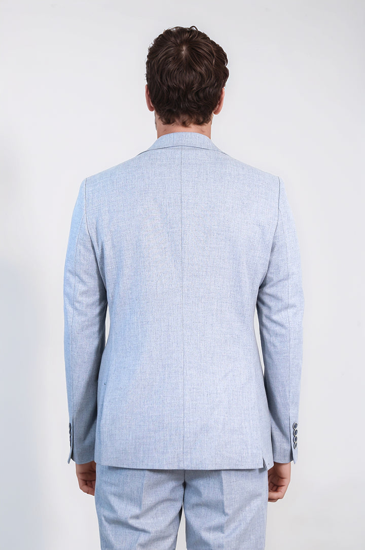 Buz Mavisi Slim Fit İki Düğmeli Keten Görünümlü Erkek Takım Elbise - Wessi