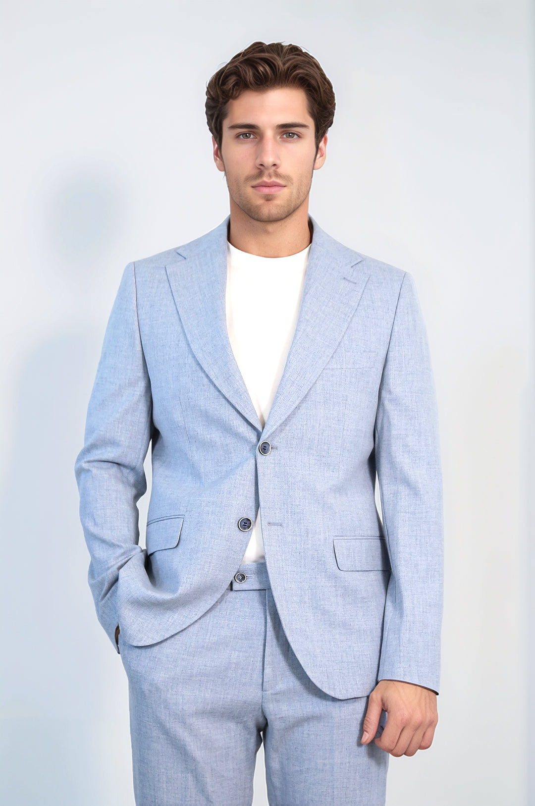 Buz Mavisi Slim Fit İki Düğmeli Keten Görünümlü Erkek Takım Elbise - Wessi