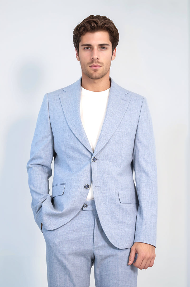 Buz Mavisi Slim Fit İki Düğmeli Keten Görünümlü Erkek Takım Elbise - Wessi