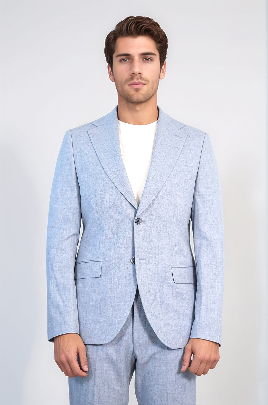 Buz Mavisi Slim Fit İki Düğmeli Keten Görünümlü Erkek Takım Elbise - Wessi