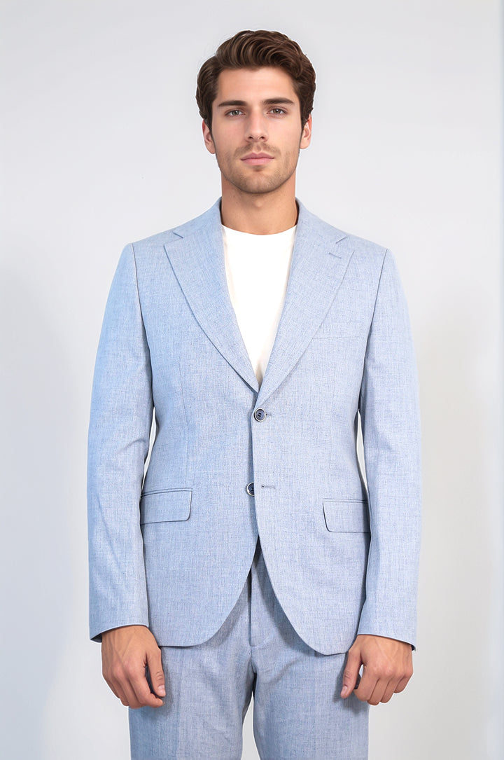 Buz Mavisi Slim Fit İki Düğmeli Keten Görünümlü Erkek Takım Elbise - Wessi