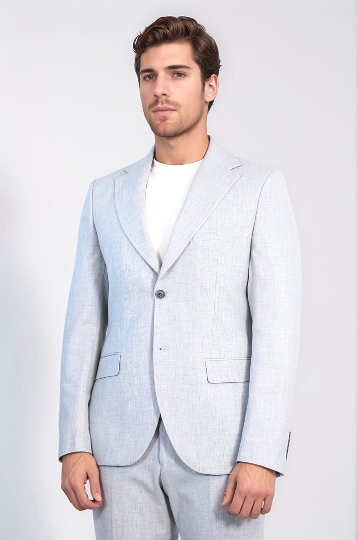 Açık Gri Slim Fit İki Düğmeli Keten Görünümlü Erkek Takım Elbise - Wessi