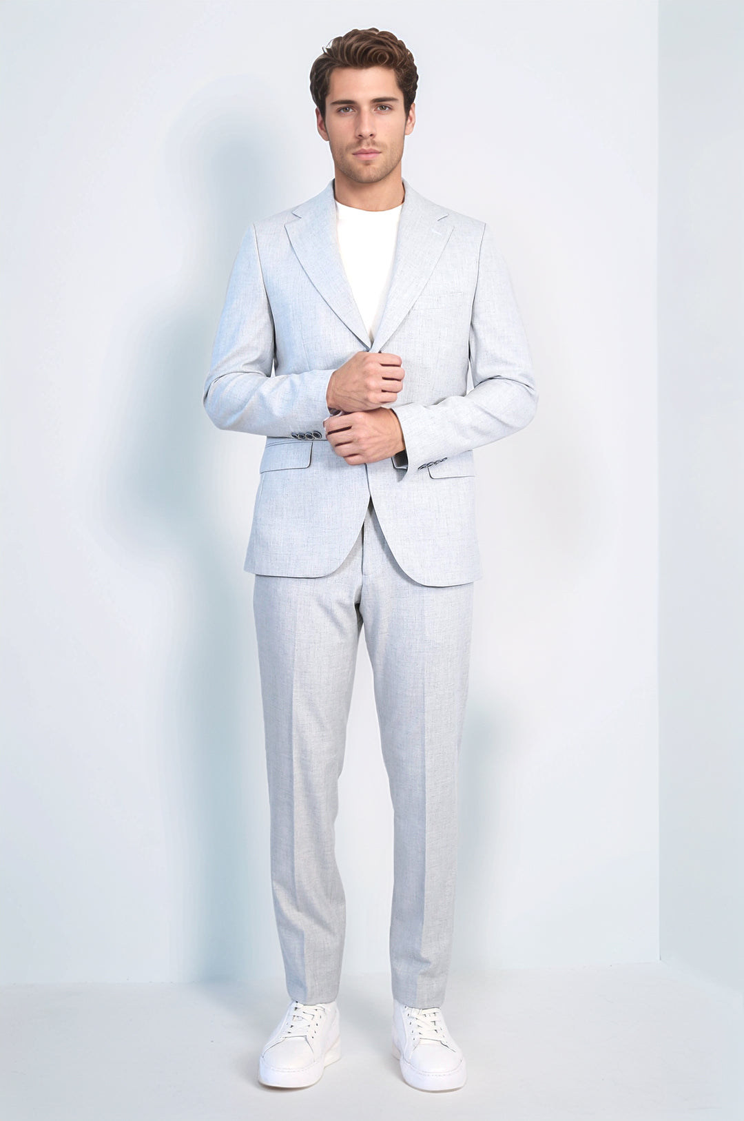 Açık Gri Slim Fit İki Düğmeli Keten Görünümlü Erkek Takım Elbise - Wessi