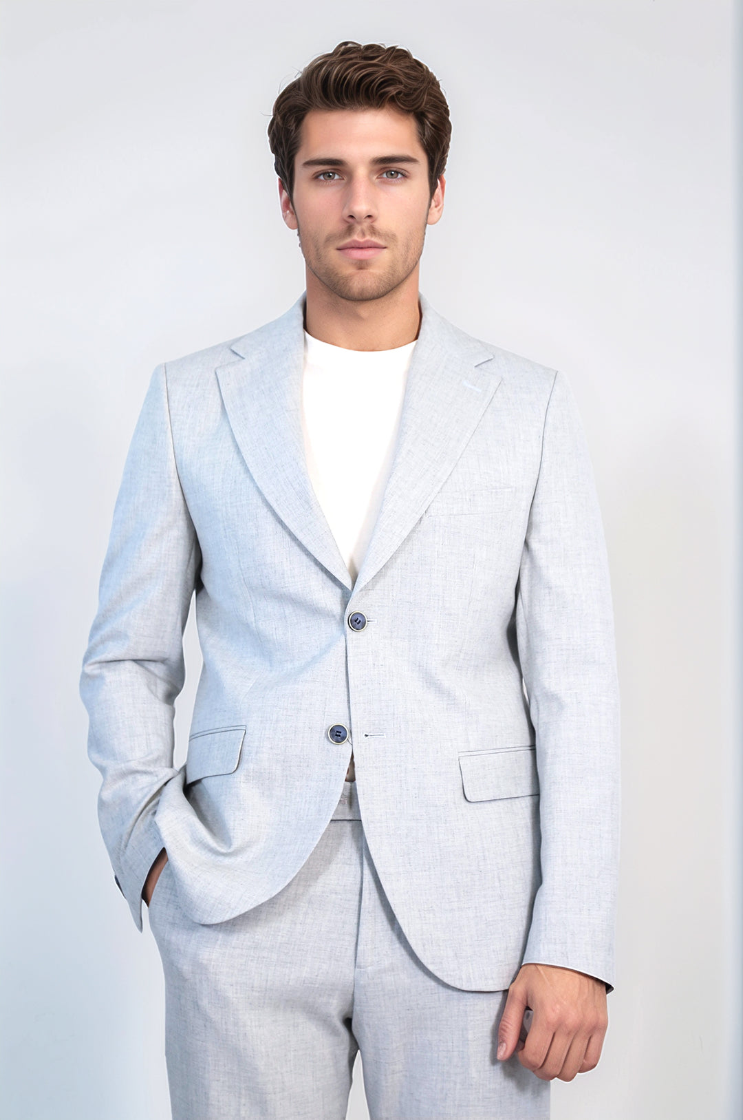 Açık Gri Slim Fit İki Düğmeli Keten Görünümlü Erkek Takım Elbise - Wessi