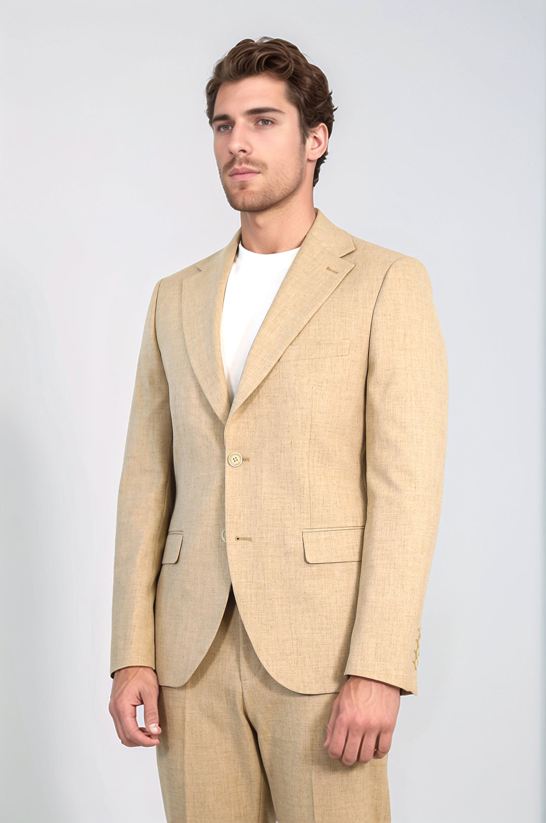 Kum Beji Slim Fit İki Düğmeli Keten Görünümlü Erkek Takım Elbise - Wessi