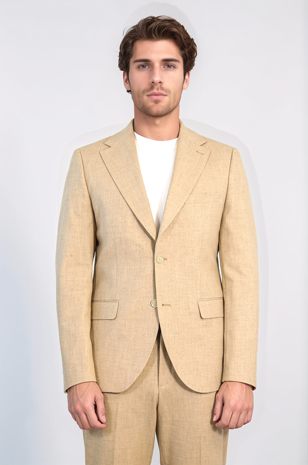 Kum Beji Slim Fit İki Düğmeli Keten Görünümlü Erkek Takım Elbise - Wessi
