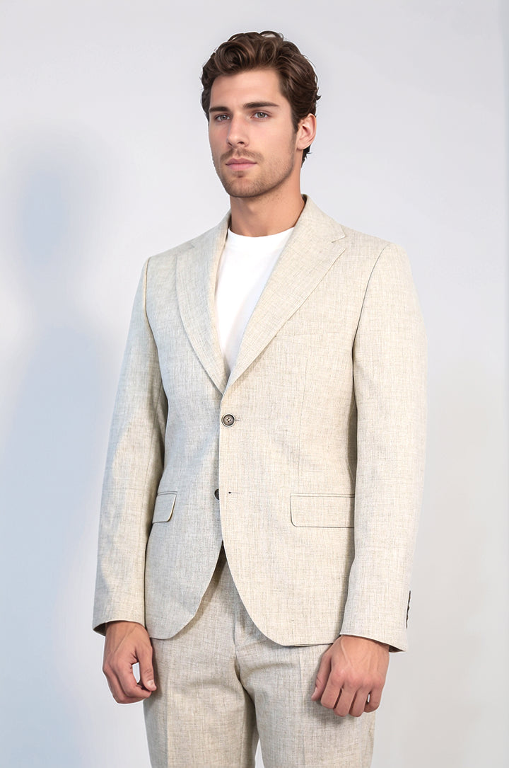 Taş Rengi Beji Slim Fit İki Düğmeli Keten Görünümlü Erkek Takım Elbise - Wessi