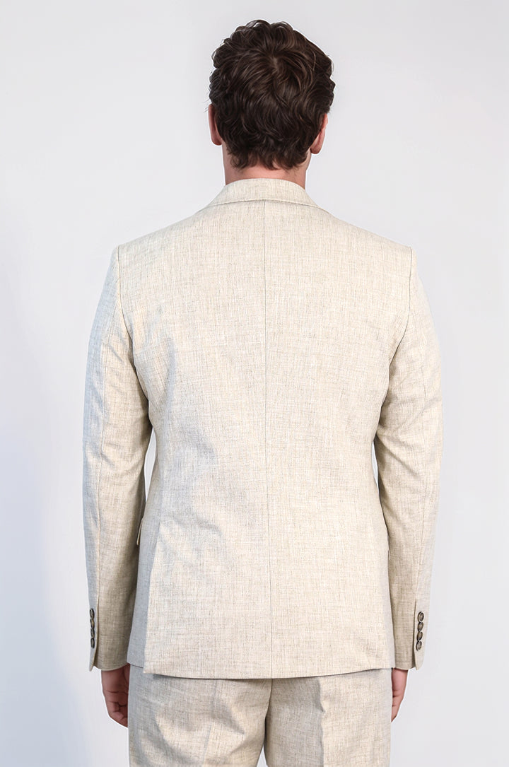 Taş Rengi Beji Slim Fit İki Düğmeli Keten Görünümlü Erkek Takım Elbise - Wessi