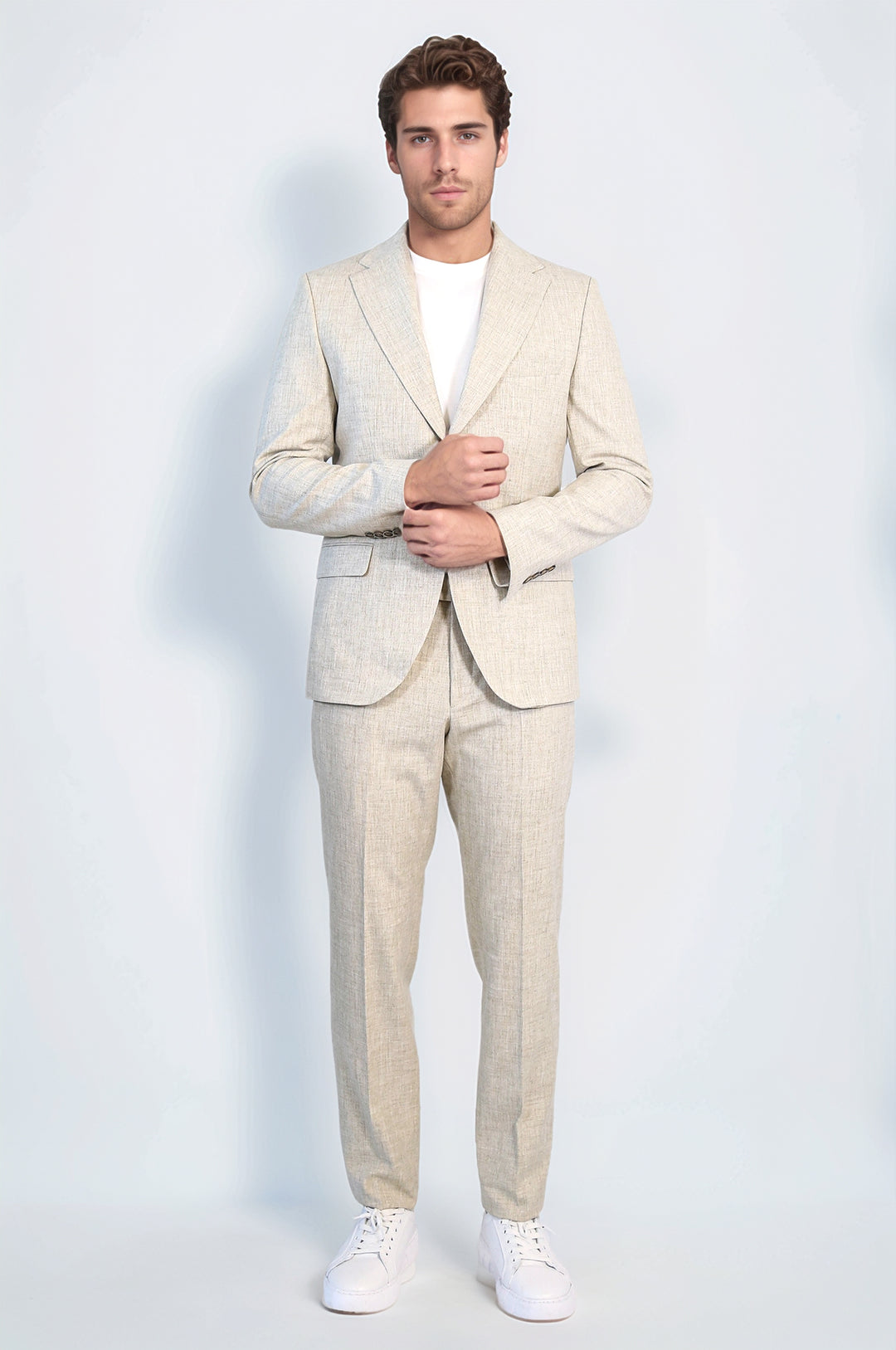 Taş Rengi Beji Slim Fit İki Düğmeli Keten Görünümlü Erkek Takım Elbise - Wessi