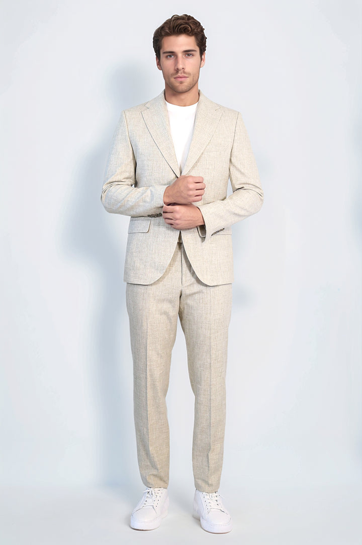 Taş Rengi Beji Slim Fit İki Düğmeli Keten Görünümlü Erkek Takım Elbise - Wessi