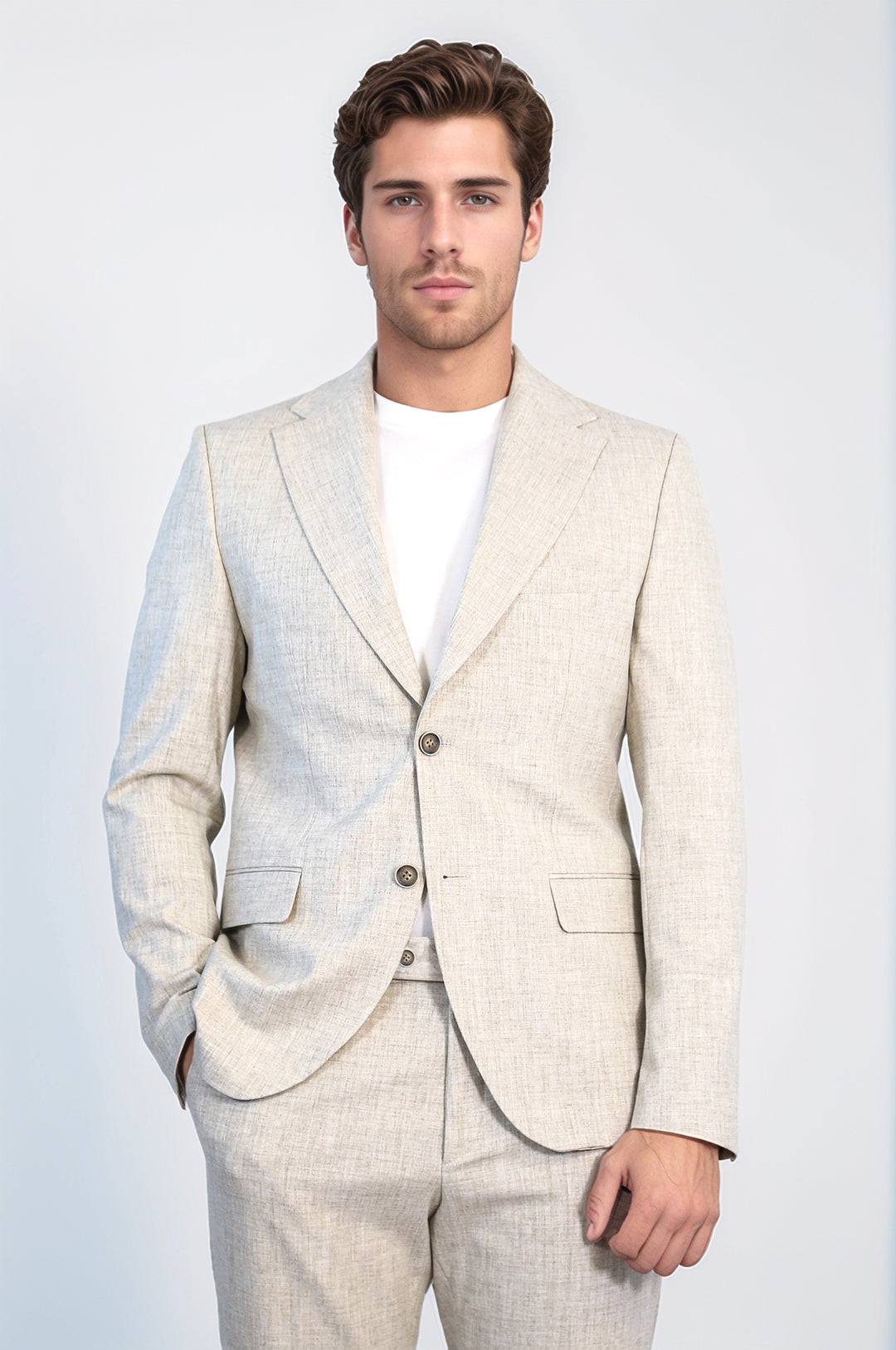 Taş Rengi Beji Slim Fit İki Düğmeli Keten Görünümlü Erkek Takım Elbise - Wessi
