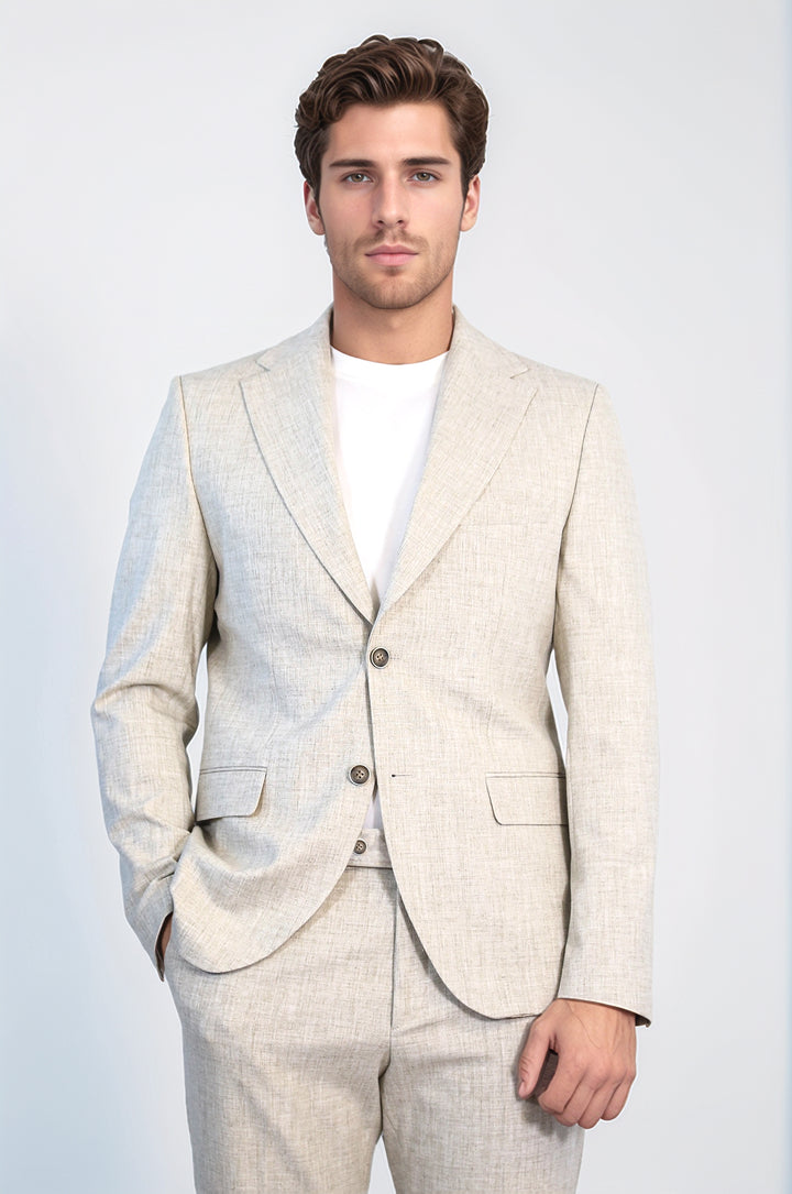 Taş Rengi Beji Slim Fit İki Düğmeli Keten Görünümlü Erkek Takım Elbise - Wessi
