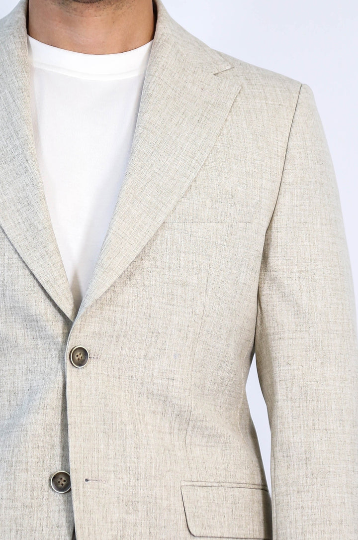 Taş Rengi Beji Slim Fit İki Düğmeli Keten Görünümlü Erkek Takım Elbise - Wessi