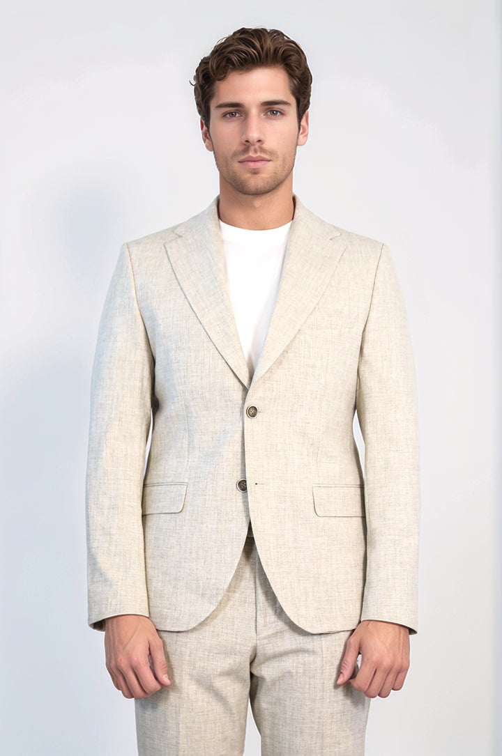 Taş Rengi Beji Slim Fit İki Düğmeli Keten Görünümlü Erkek Takım Elbise - Wessi