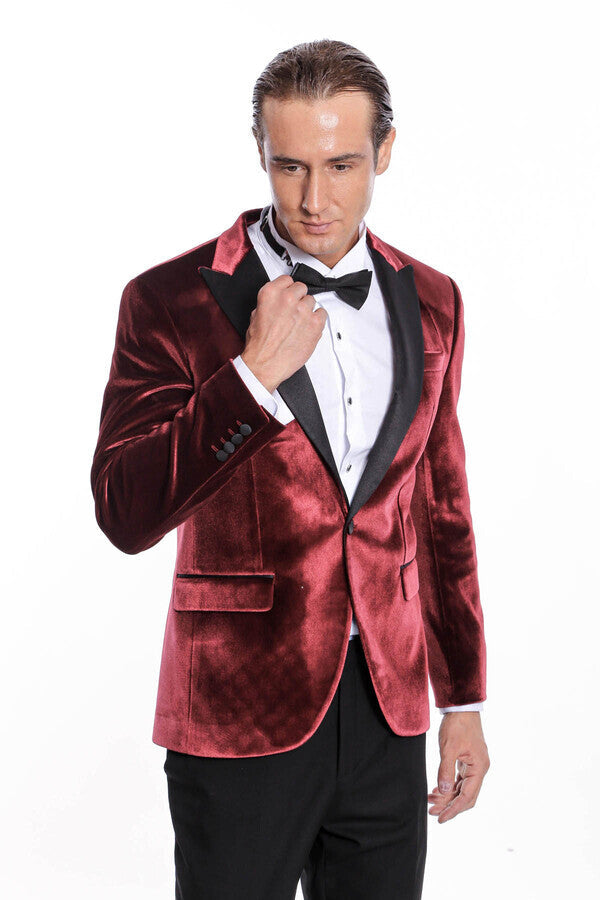 Kadife Slim Fit Bordo Erkek Smokin Ceket - Wessi