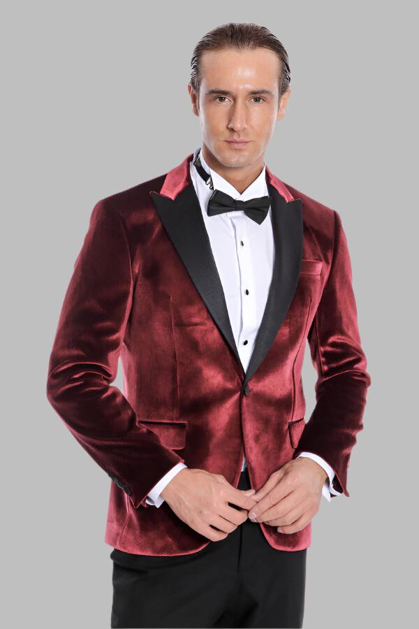 Kadife Slim Fit Bordo Erkek Smokin Ceket - Wessi