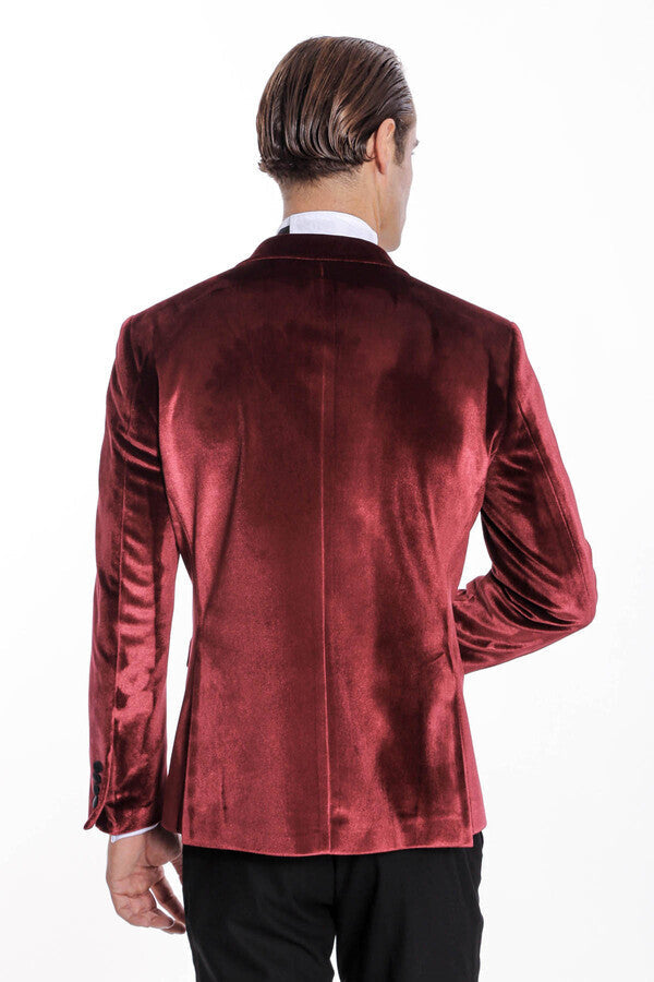 Kadife Slim Fit Bordo Erkek Smokin Ceket - Wessi