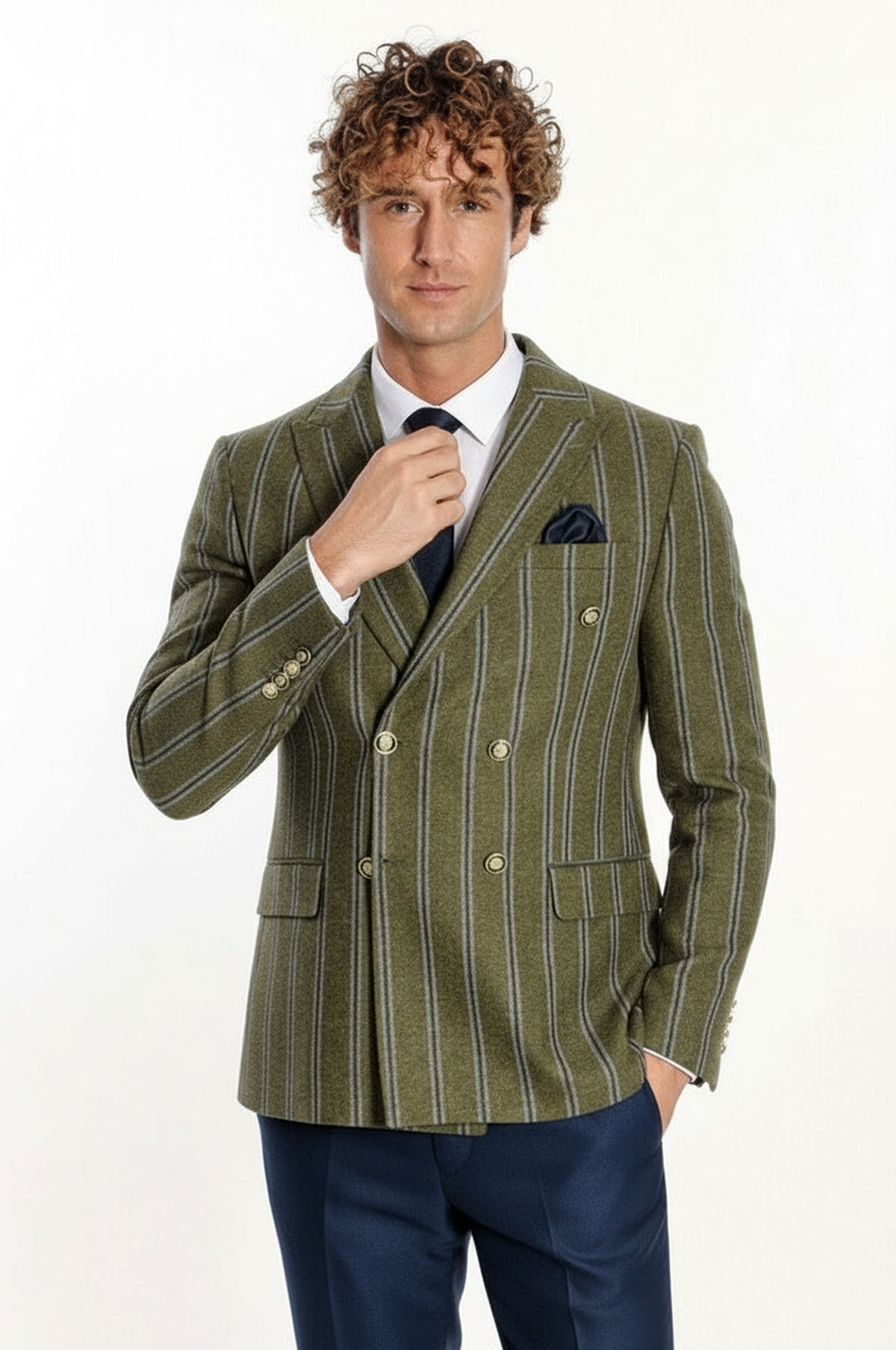 Geniş Yaka Çizgili Kruvaze Yeşil Yün Erkek Ceket - Wessi