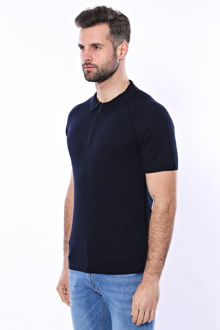 Polo Yaka Fermuarlı Örme Lacivert Erkek T-shirt - Wessi