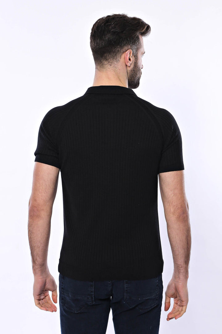 Polo Yaka Fermuarlı Siyah Örme T-shirt | Wessi